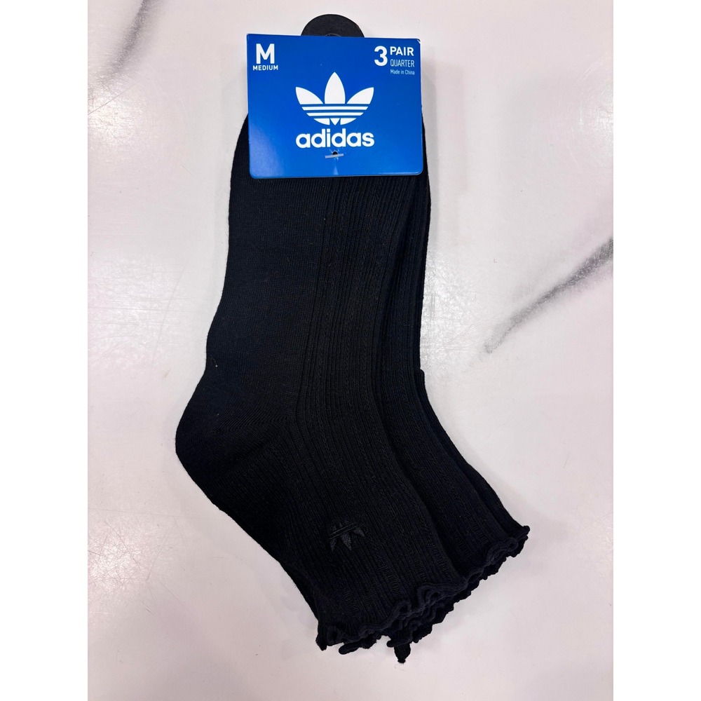 Adidas Originals Women Black Ruffle Quarter Socks 3 Pair Pack Trefoil Medium